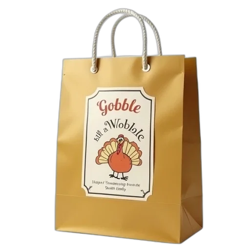 food, golden, shopping, bag, white, drawstring, displayed, against transparent PNG cut-out