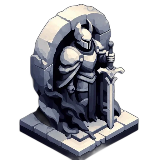 robot, crown, weapon, pixel art, concept art, 3d render, fantasy art, monochrome transparent PNG cut-out