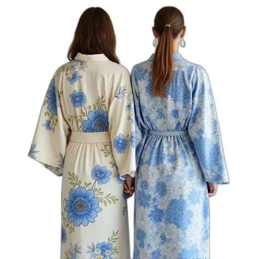 dress, blue, two, women, wearing, flower, print, kimono transparent PNG cut-out