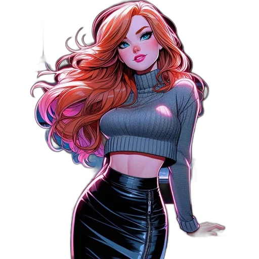 dress, jacket, hair, comic book art, cartoon, concept art, fantasy art, neon lights transparent PNG cut-out