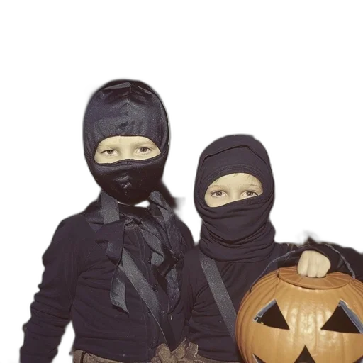 mask, concept art, photorealistic, two, children, dressed, black, wearing transparent PNG cut-out