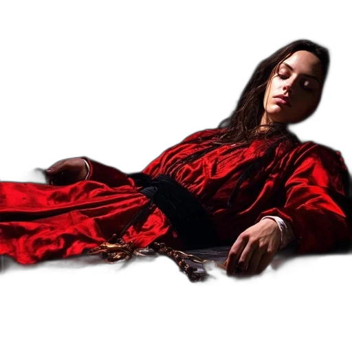 dress, jewelry, photorealistic, concept art, red, woman, lies, bed transparent PNG cut-out