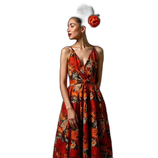 dress, jewelry, red, woman, wearing, floral, black, background transparent PNG cut-out