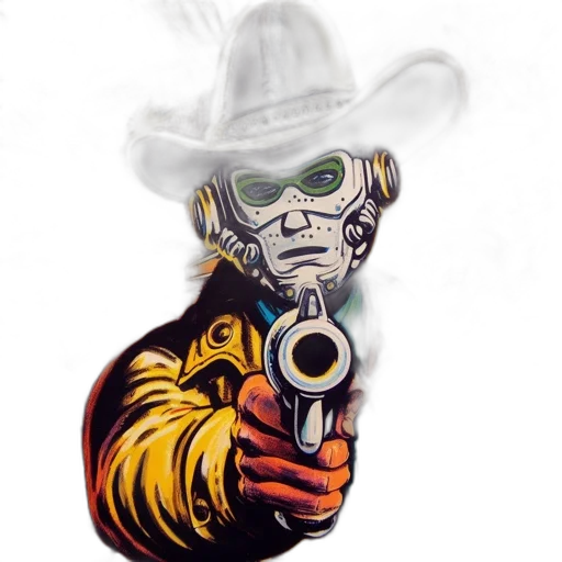 mask, weapon, robot, staff, concept art, cartoon, comic book art, photorealistic transparent PNG cut-out