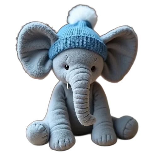 hat, animal, 3d render, plush, toy, elephant, blue, sitting transparent PNG cut-out