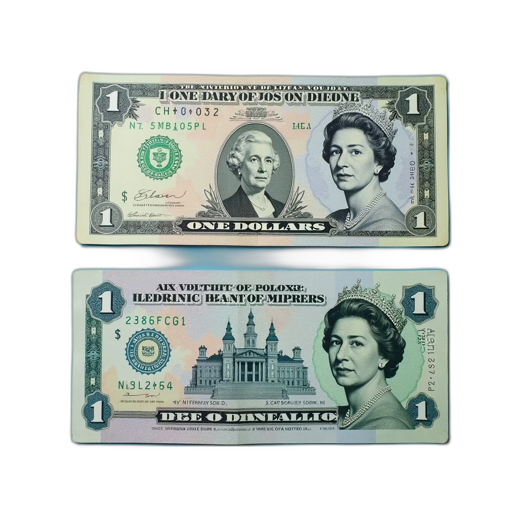 3d render, two, canadian, one-dollar, bills, placed, side, blue transparent PNG cut-out