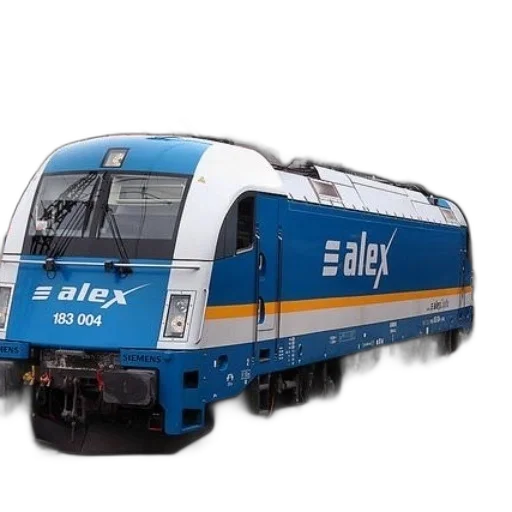 3d render, photorealistic, blue, white, train, word, alex transparent PNG cut-out