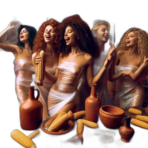 oil painting, concept art, photorealistic, fantasy art, fire, golden, five, women transparent PNG cut-out