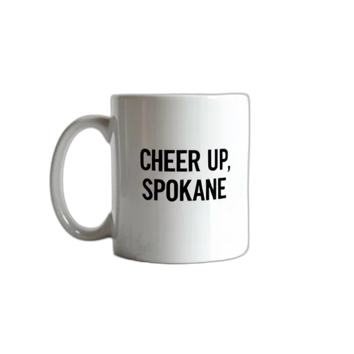white, coffee, mug, phrase, cheer, spokane, black, text transparent PNG cut-out