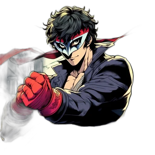 mask, weapon, jacket, comic book art, concept art, anime, cartoon, animated transparent PNG cut-out