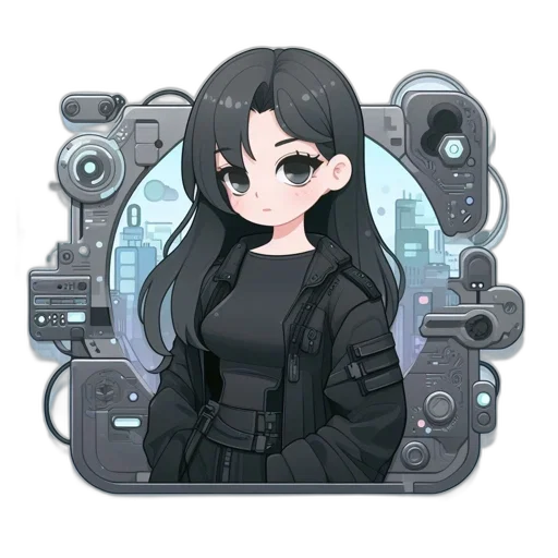 weapon, staff, robot, jacket, cyberpunk, pixel art, anime, cartoon transparent PNG cut-out