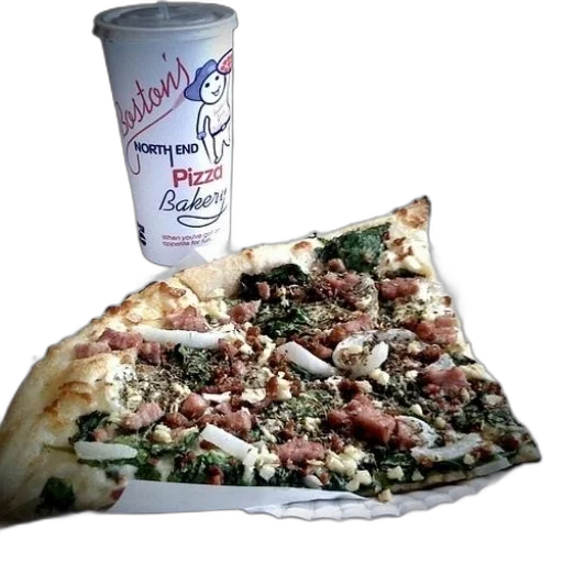 food, slice, pizza, ham, spinach, sits, paper, plate transparent PNG cut-out