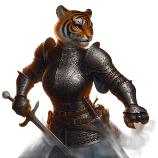 sword, staff, fantasy art, concept art, 3d render, photorealistic, armored, tiger transparent PNG cut-out