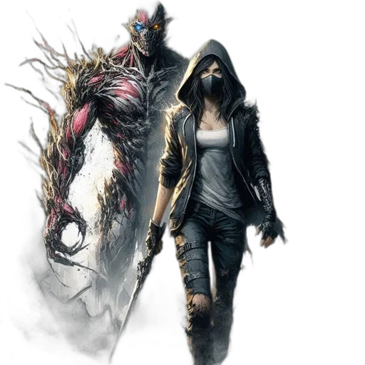 concept art, comic book art, cyberpunk, fantasy art, post-apocalyptic, landscape, woman, combat transparent PNG cut-out