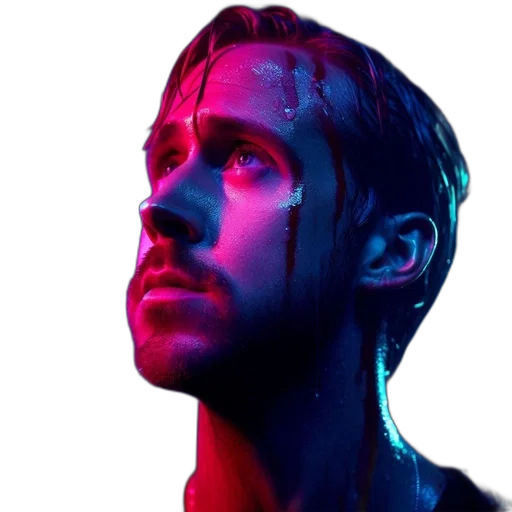 face, photorealistic, concept art, neon lights, neon, man, soaked, illuminated transparent PNG cut-out