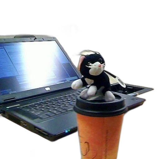robot, staff, 3d render, stuffed, cat, sits, top, coffee transparent PNG cut-out