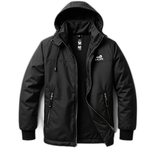 jacket, black, winter, hood, zip-up, front, zipper, pull transparent PNG cut-out