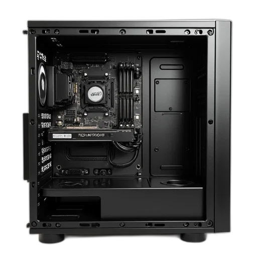 3d render, cyberpunk, monochrome, black, computer, case, large, empty transparent PNG cut-out