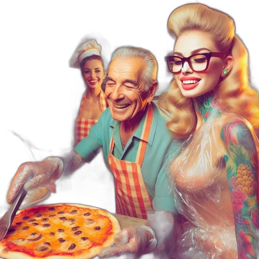 food, comic book art, photorealistic, concept art, cartoon, fire, smiling, elderly transparent PNG cut-out