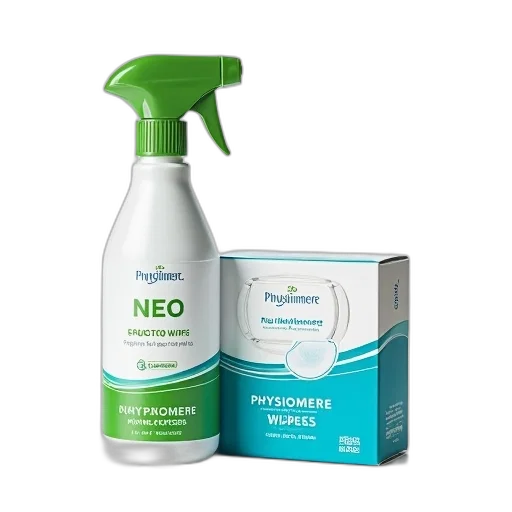 bottle, physiomere, spray, box, wipes, displayed, side, has transparent PNG cut-out