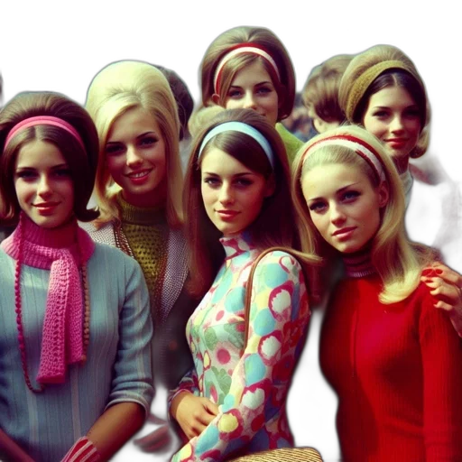 group, young, women, 1960s, 70s, pose, together, donning transparent PNG cut-out