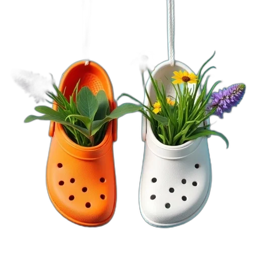 shoes, flower, 3d render, photorealistic, pair, crocs, one, orange transparent PNG cut-out