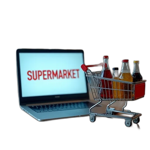 laptop, screen, displaying, words, supermarket, open, table, front transparent PNG cut-out