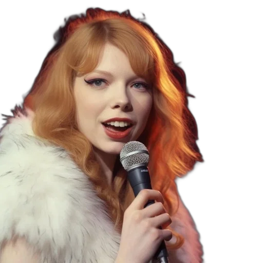 hair, photorealistic, cartoon, woman, red, sings, intently, into transparent PNG cut-out