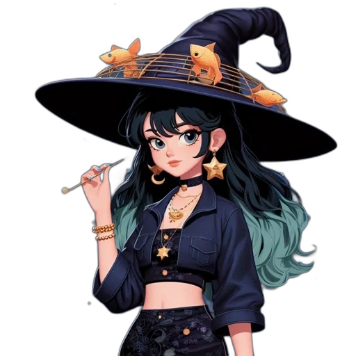 hat, staff, dress, jewelry, anime, pixel art, fantasy art, concept art transparent PNG cut-out