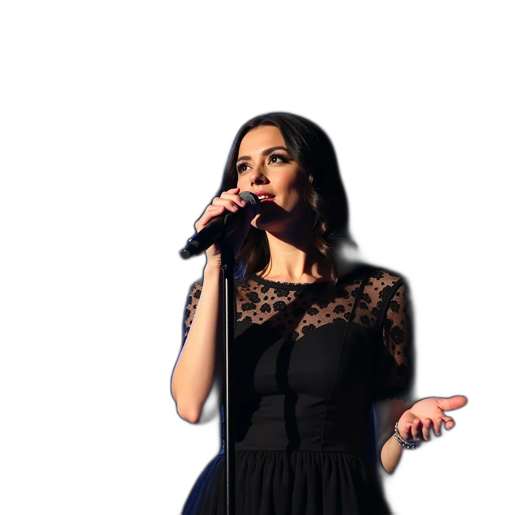 dress, woman, dark, hair, holding, microphone, singing, into transparent PNG cut-out