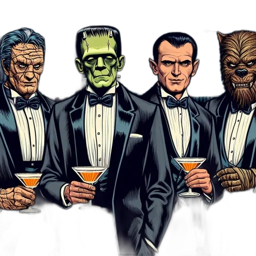 comic book art, concept art, four, monsters, formalwear, gather, grand, room transparent PNG cut-out