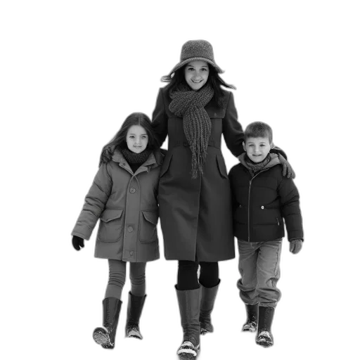 snow, monochrome, black, white, photograph, three, people, walking transparent PNG cut-out