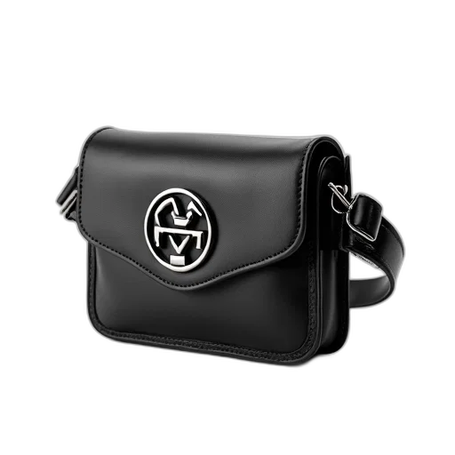 black, leather, belt, bag, silver, buckle, circular, logo transparent PNG cut-out