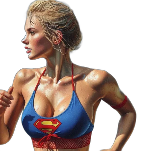 comic book art, photorealistic, oil painting, concept art, woman, sports, bra, superman transparent PNG cut-out