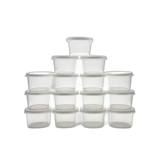 collection, clear, plastic, containers, neatly, stacked, white, background transparent PNG cut-out