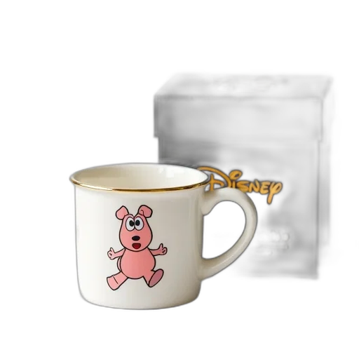 3d render, photorealistic, white, mug, gold, rim, cartoon, pig transparent PNG cut-out