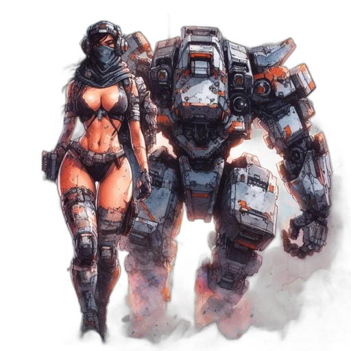 robot, weapon, concept art, cyberpunk, comic book art, fantasy art, outer space, monochrome transparent PNG cut-out