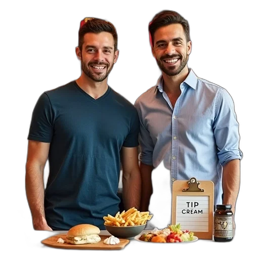 food, first, image, shows, two, men, standing, behind transparent PNG cut-out