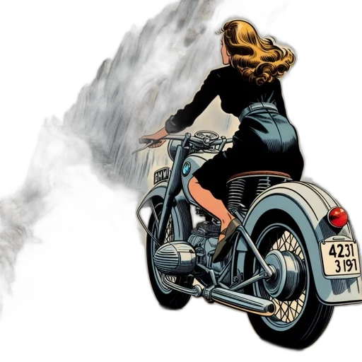 comic book art, concept art, photorealistic, watercolor, fire, woman, rides, vintage transparent PNG cut-out