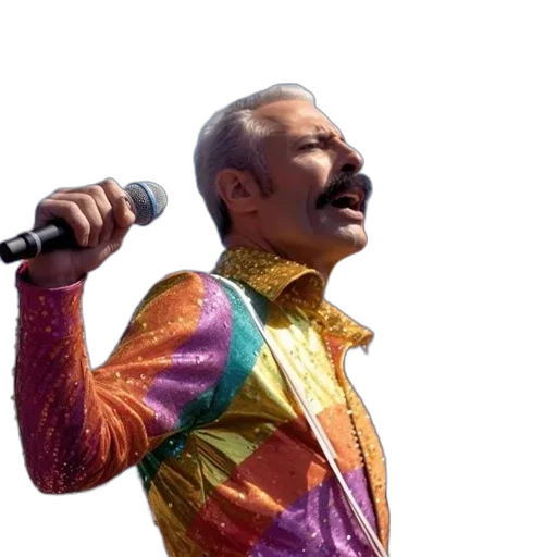 jacket, staff, animal, face, man, rainbow-patterned, sings, into transparent PNG cut-out