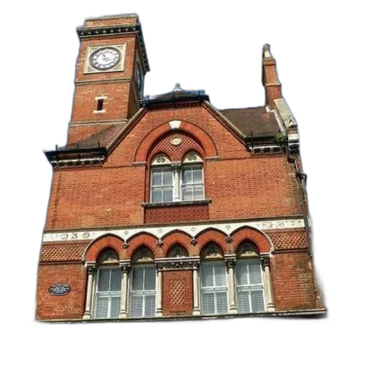 building, staff, crown, hat, 3d render, red, brick, clock transparent PNG cut-out