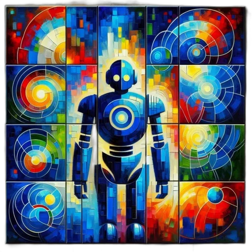 robot, concept art, comic book art, fantasy art, pixel art, outer space, blue, colorful transparent PNG cut-out
