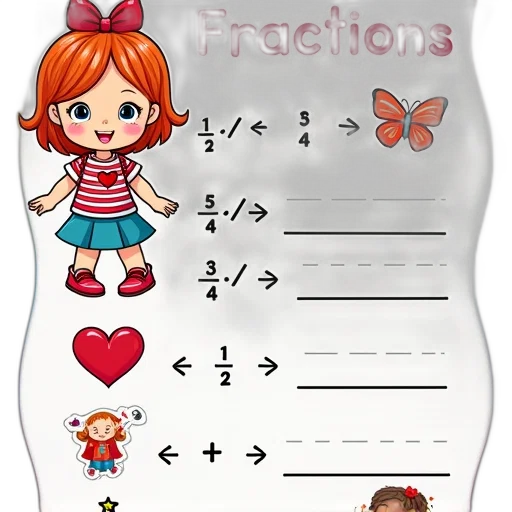 cartoon, colorful, educational, worksheet, title, fractions, top, features transparent PNG cut-out