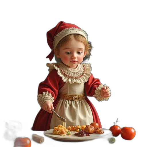 food, dress, photorealistic, 3d render, oil painting, children, book, featuring transparent PNG cut-out