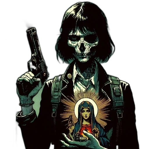 weapon, comic book art, concept art, cartoon, skeletal, figure, holds, gun transparent PNG cut-out