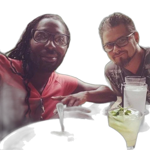two, men, sit, table, food, drinks, surrounded, trees transparent PNG cut-out