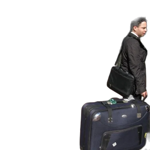 jacket, staff, man, plaid, shirt, walking, two, suitcases transparent PNG cut-out