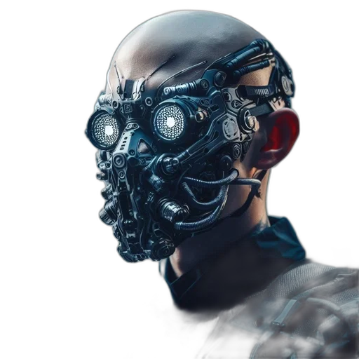 robot, mask, face, cyberpunk, concept art, 3d render, photorealistic, individual transparent PNG cut-out