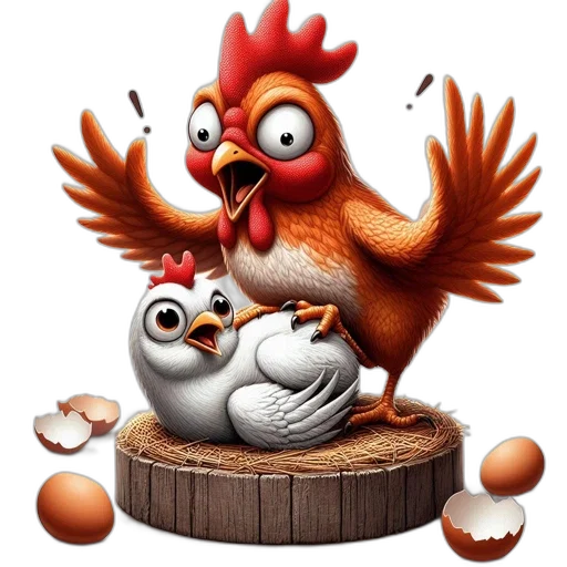 3d render, concept art, photorealistic, pixel art, two, chickens, one, vibrant transparent PNG cut-out