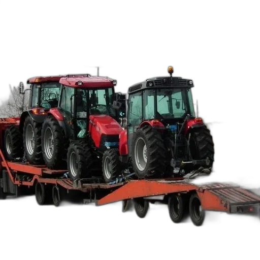 two, red, tractors, being, transported, flatbed, trailer transparent PNG cut-out
